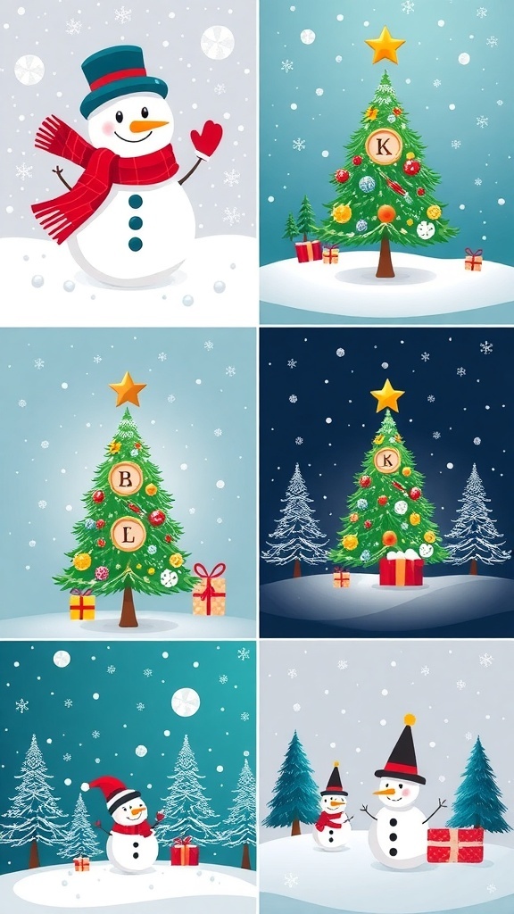 Cute Christmas wallpapers with snowmen, Christmas trees, and winter scenes.